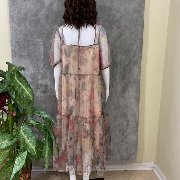 H&M  FLORAL MESH DRESS women’s size Medium Boho sq. Neck puff sleeves tiered - Picture 3 of 12